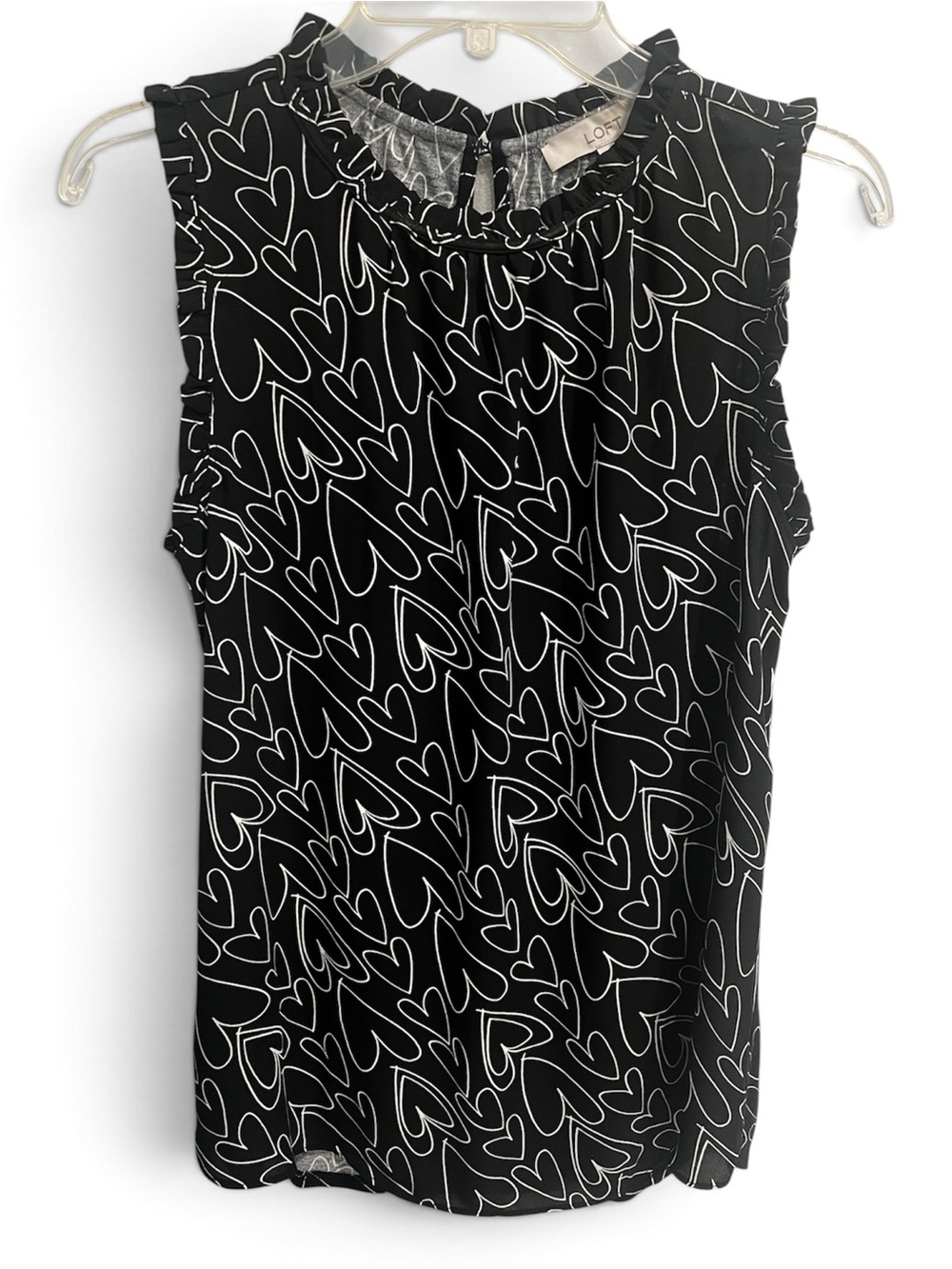 LOFT Black/White Sleeveless Heart Ruffle Neck Top Size XS Excellent Pre-Owned